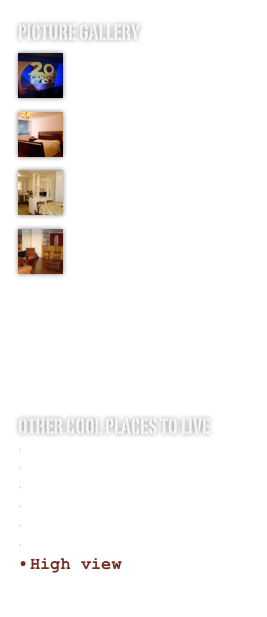 picture Gallery
￼

Cinema room
￼

The rooms
￼

Kitchen
￼

Living room





Other cool places to live
Tree House
La Maison
La Dolce
Joy Haus
RealClubHouse
Casabella
High view
